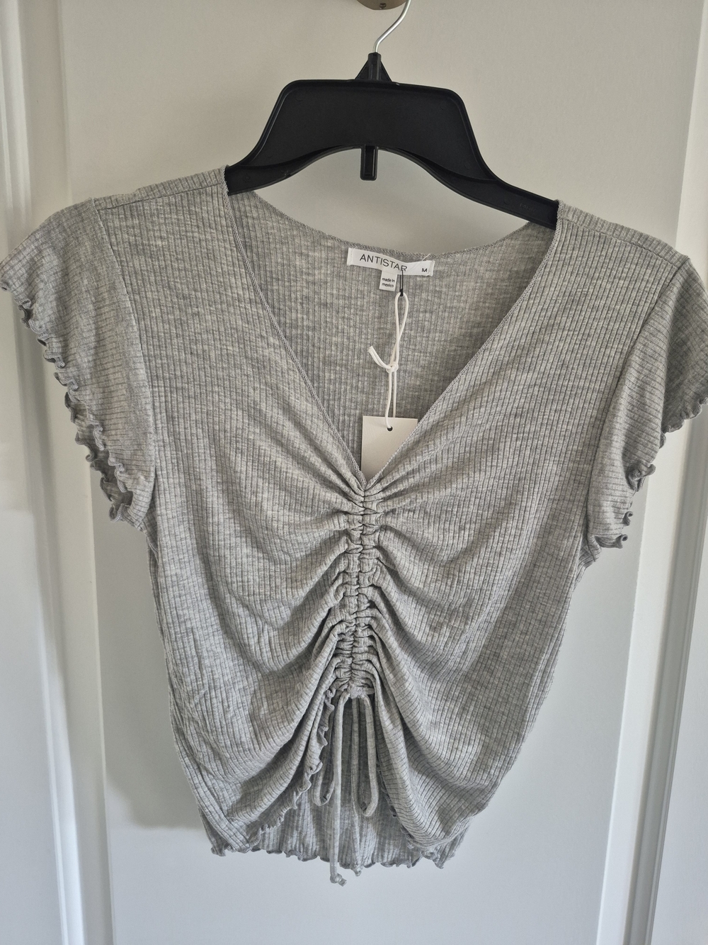Antistar Gray Ribbed Ruched V-Neck Crop Top